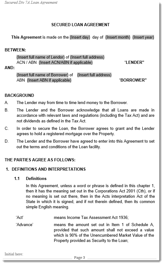 Division 7A company loan agreement template