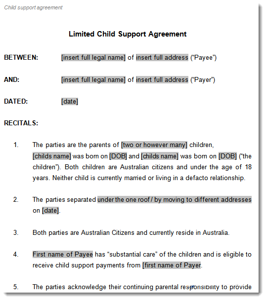Child Support Contract limited child support agreement ...