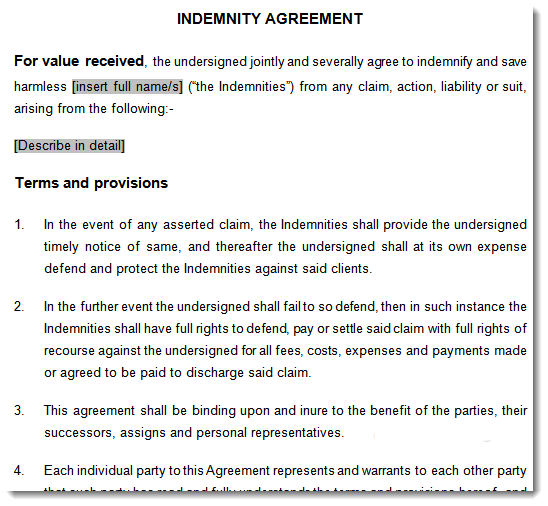 indemnity agreement sample